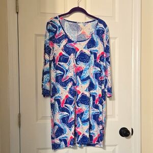 Lilly Pulitzer Pink and Blue Resort Sheath Dress with 3/4 Sleeves - Large